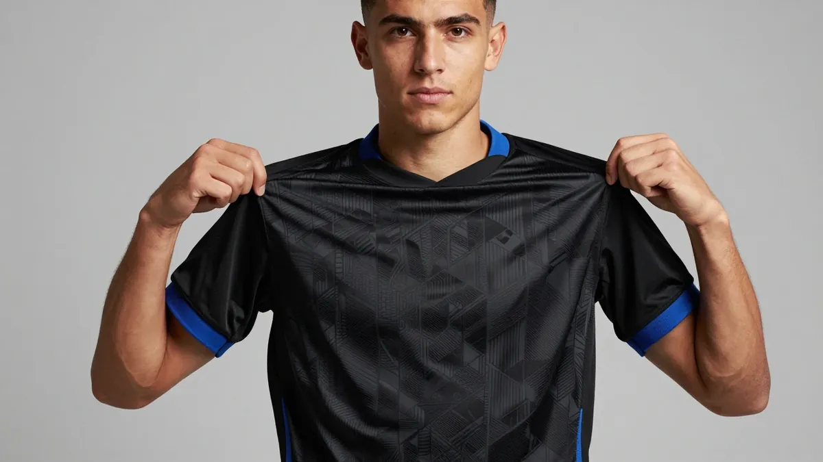 Portsmouth's new third kit for the 2026-27 season is now available, with a black geometric design and royal blue details...